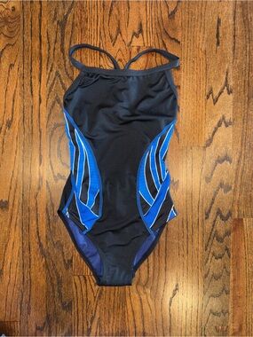 Black & Royal Blue One-Piece Athletic Swimsuit girls size 8 side wings